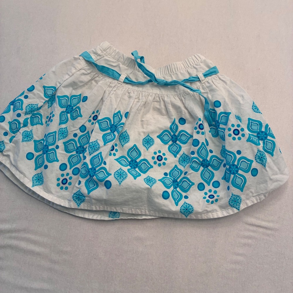 Gymboree Girls White Blue Floral Medallion Skirt Tassel Tie Size 4 Summer Cotton